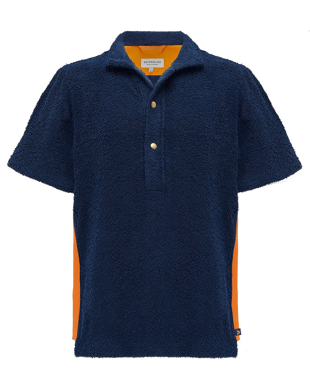 So English Bond polo shirt in navy and orange with a classic collar and short sleeves, made in the UK.