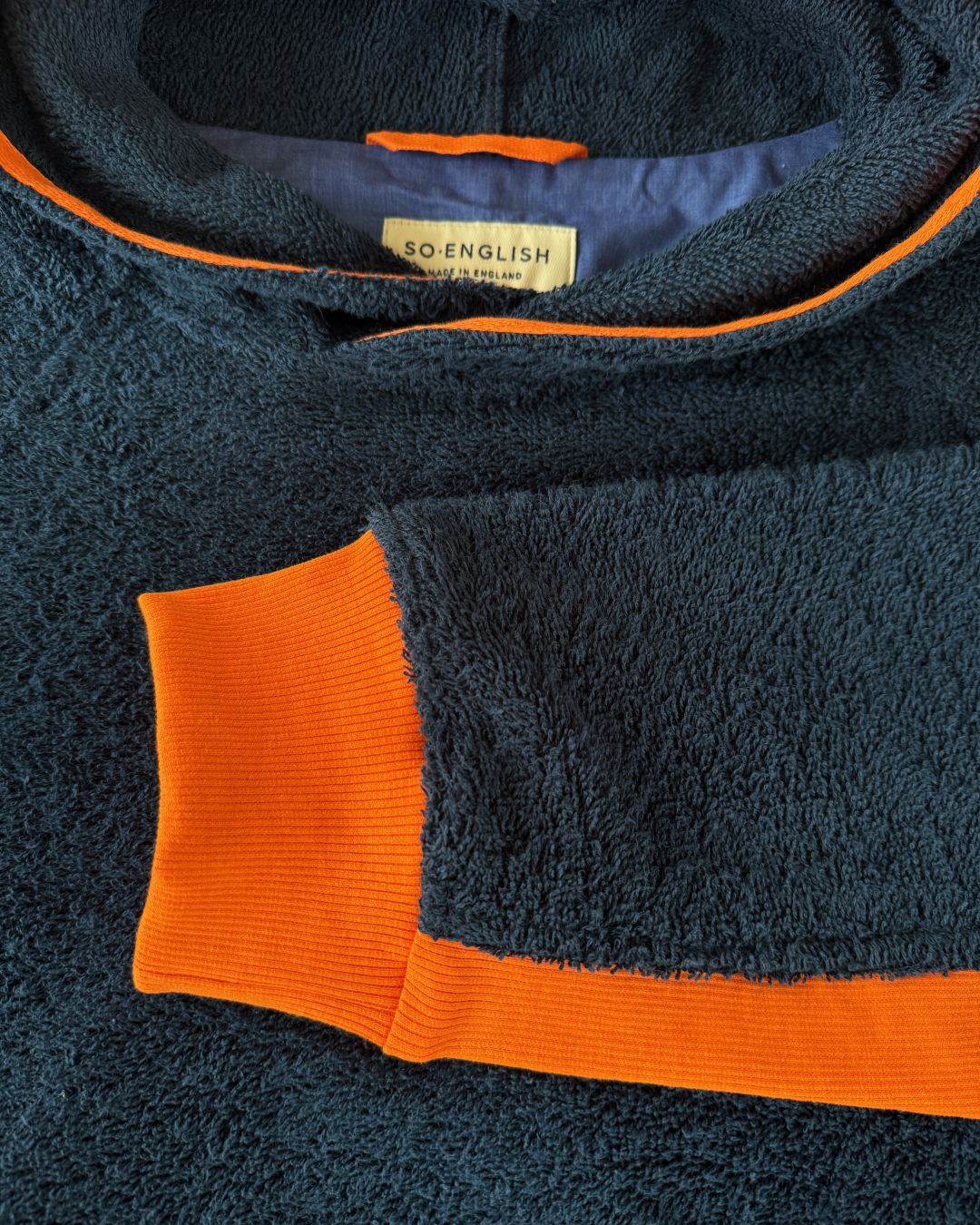 Navy and orange So English Hampstead hoodie with a drawstring neckline, casual fit, made in the UK.