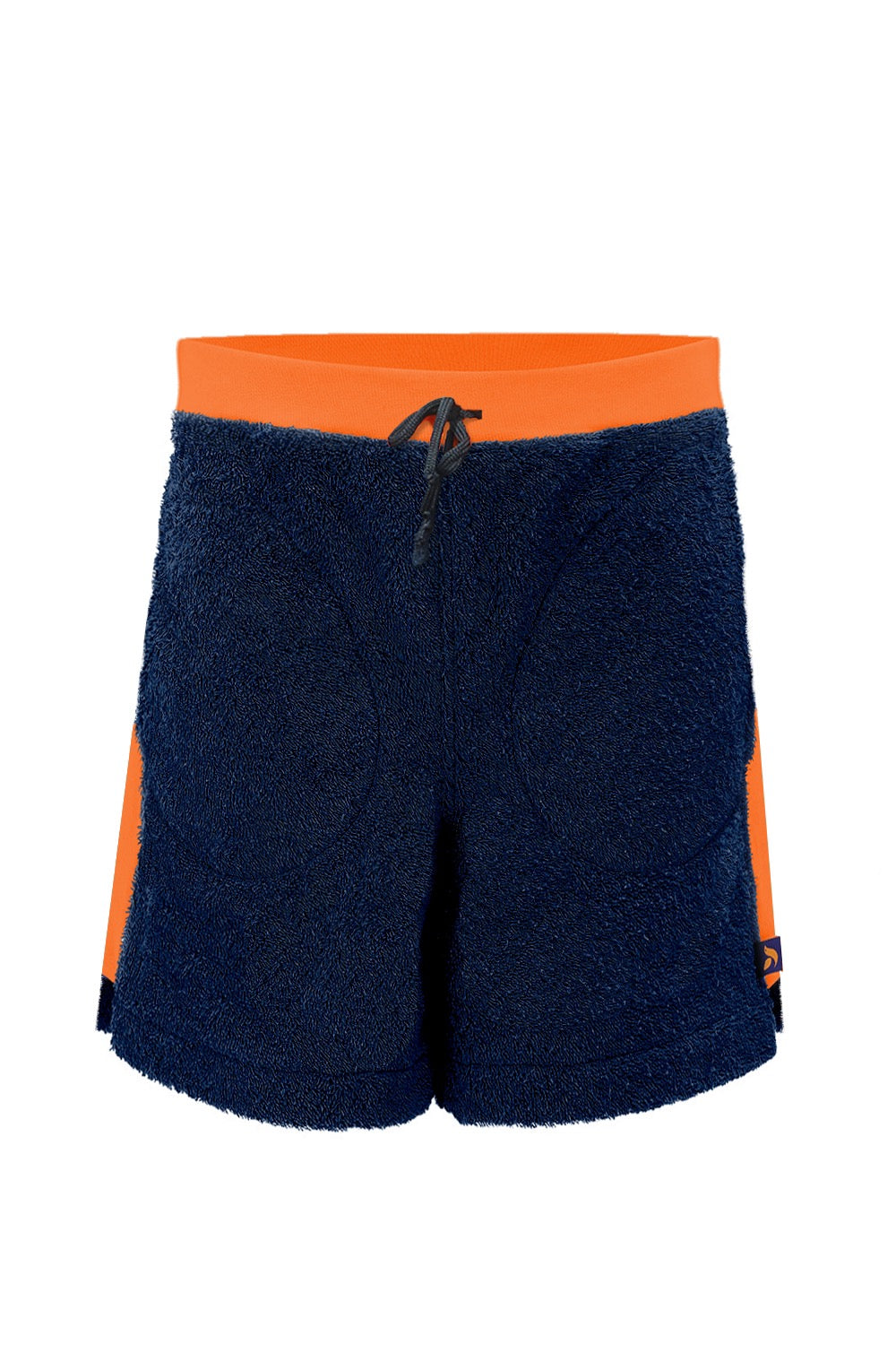 Navy and orange bear-themed shorts by So English, featuring a casual design perfect for beachwear or summer outings.
