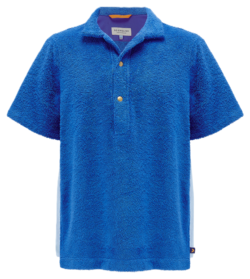 So English Brighton Blue Bond polo shirt, made in the UK, featuring a classic design and vibrant blue color.