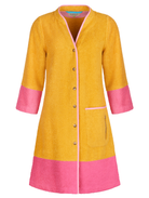 So English Ramona dress in mustard and pink, short robe style, featuring a stylish, colorful design and lightweight fabric.