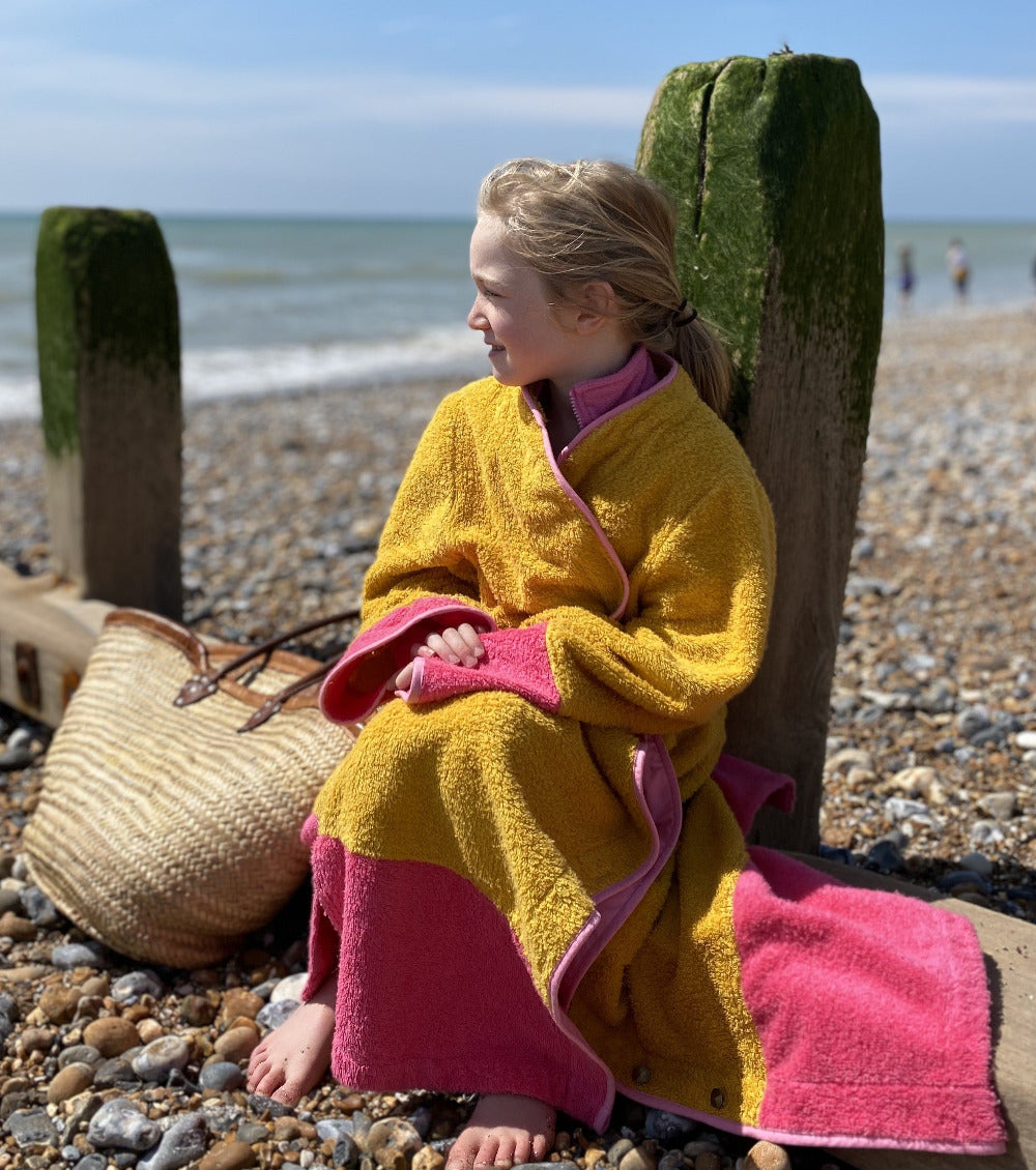So English Ramona long robe dress in mustard and pink tones