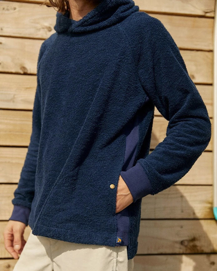 Navy So English Hampstead hoodie with front pocket and hood, made with soft fabric, displayed on a plain background.