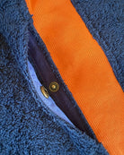 Navy and orange Hampstead hoodie by So English, featuring a casual design with popper details, made in the UK.