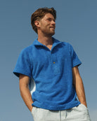 So English Bond polo shirt in Brighton Blue, made in the UK, featuring a classic fit with a soft cotton fabric.