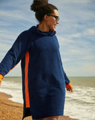Navy and orange long hoodie by So English, styled for casual beachwear, featuring a relaxed fit with a hood and soft fabric.