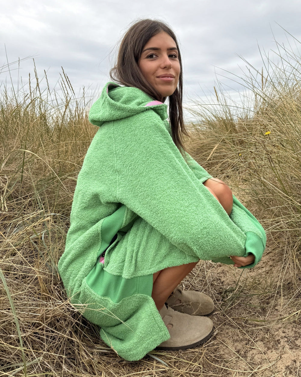 Fresh green Bude long hoodie by So English, featuring a casual hoodie design made in the UK, ideal for comfortable beachwear.
