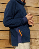 Navy So English Hampstead hoodie with front pocket and logo detail, casual style, made in the UK, displayed on a model.