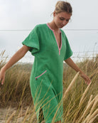 So English Kiss Fresh Green short dress, lightweight beachwear with vibrant green fabric and stylish design, made in the UK.