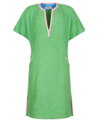 So English Kiss Fresh Green short dress on model, lightweight beachwear with vibrant green color and casual fit.