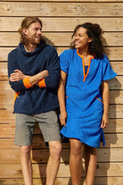 So English Brighton Blue Kiss Dress, short style, featuring lightweight fabric and casual beachwear design in a vibrant blue color.