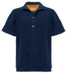 Navy Bond polo shirt by So English displayed on a hanger, showcasing a classic fit and soft cotton fabric.
